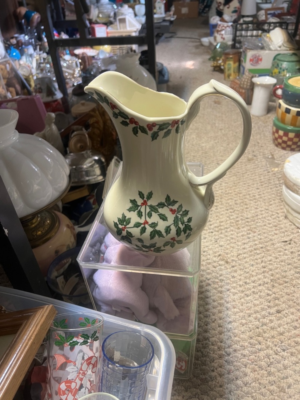 Holiday Holly Ceramic Pitcher - Cream with Green and Red Accents